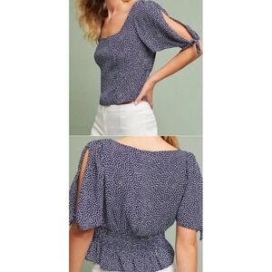 Maeve Anthropologie Adley Smocked Tie Sleeve Top Blouse Navy Blue Cropped Medium